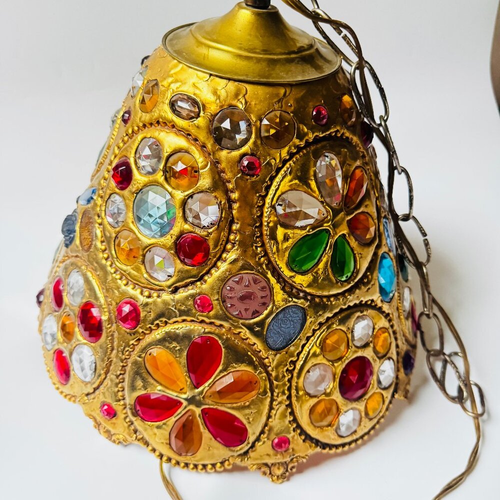 Vintage Moroccan Brass & Glass Pendant Hanging Lamp Mosaic Style 13” W